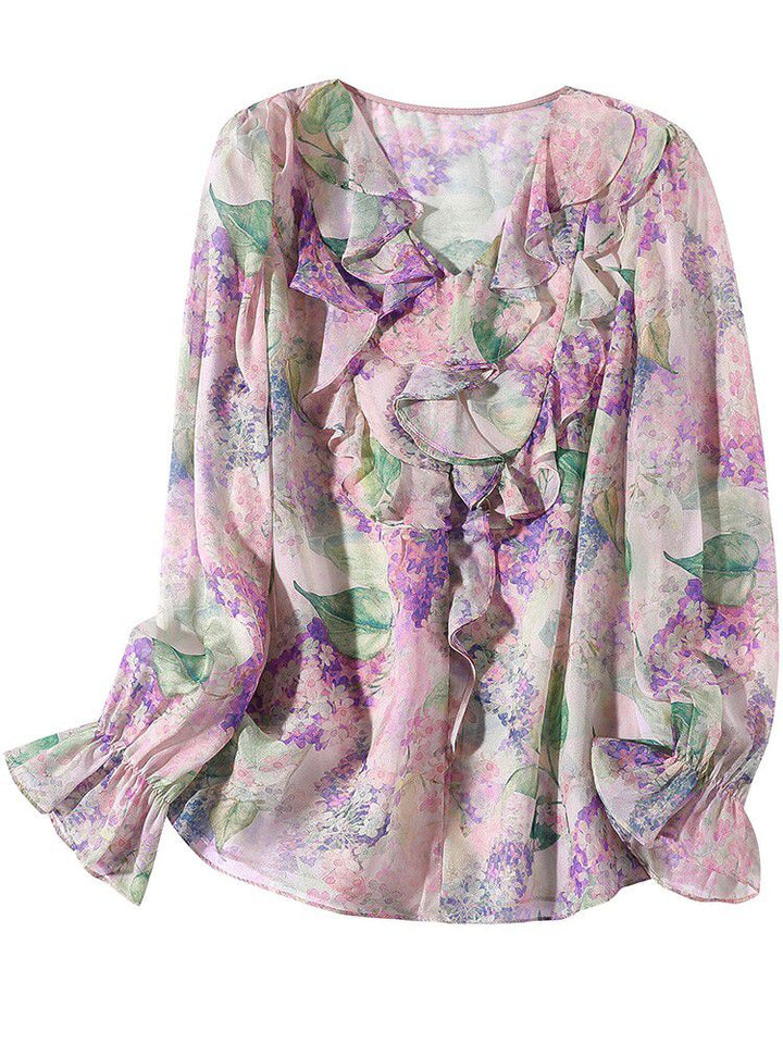 Pastel Lilac Ruffled V-Neck Long Sleeve Foral Silk Graden Blouse