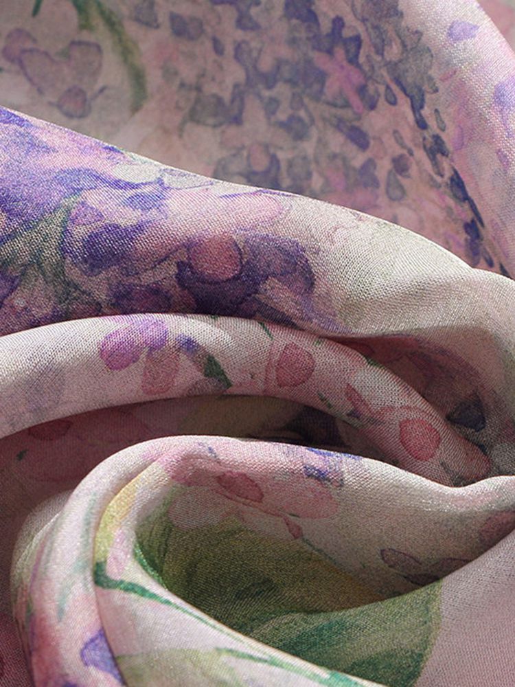 Pastel Lilac Ruffled V-Neck Long Sleeve Foral Silk Graden Blouse