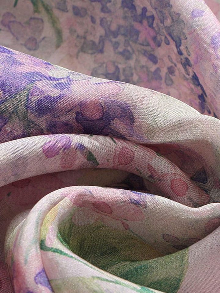 Pastel Lilac Ruffled V-Neck Long Sleeve Foral Silk Graden Blouse