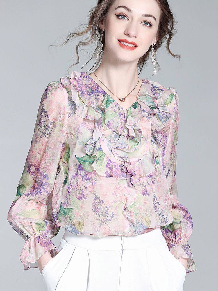 Pastel Lilac Ruffled V-Neck Long Sleeve Foral Silk Graden Blouse
