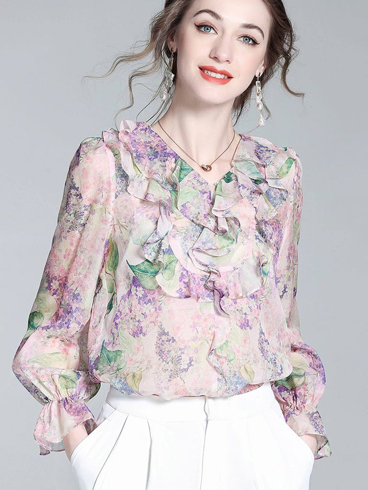 Pastel Lilac Ruffled V-Neck Long Sleeve Foral Silk Graden Blouse