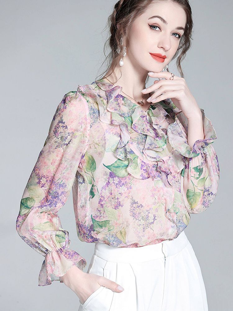 Pastel Lilac Ruffled V-Neck Long Sleeve Foral Silk Graden Blouse