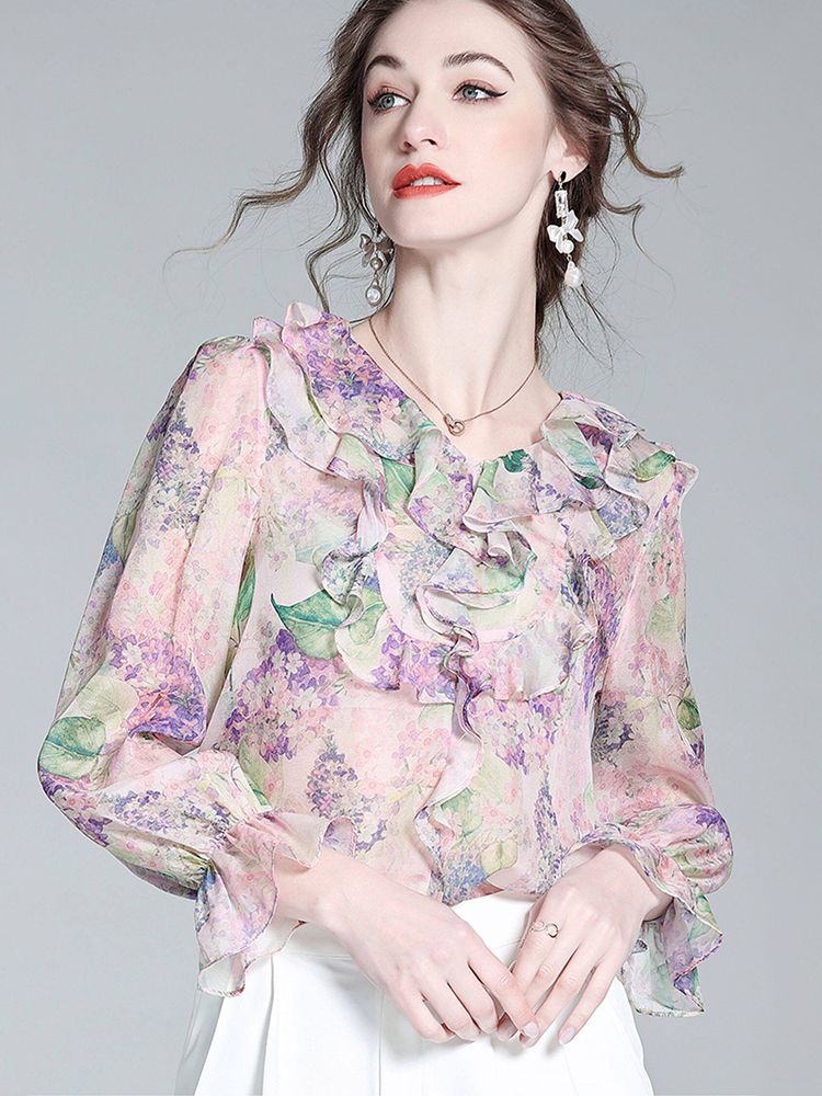 Pastel Lilac Ruffled V-Neck Long Sleeve Foral Silk Graden Blouse