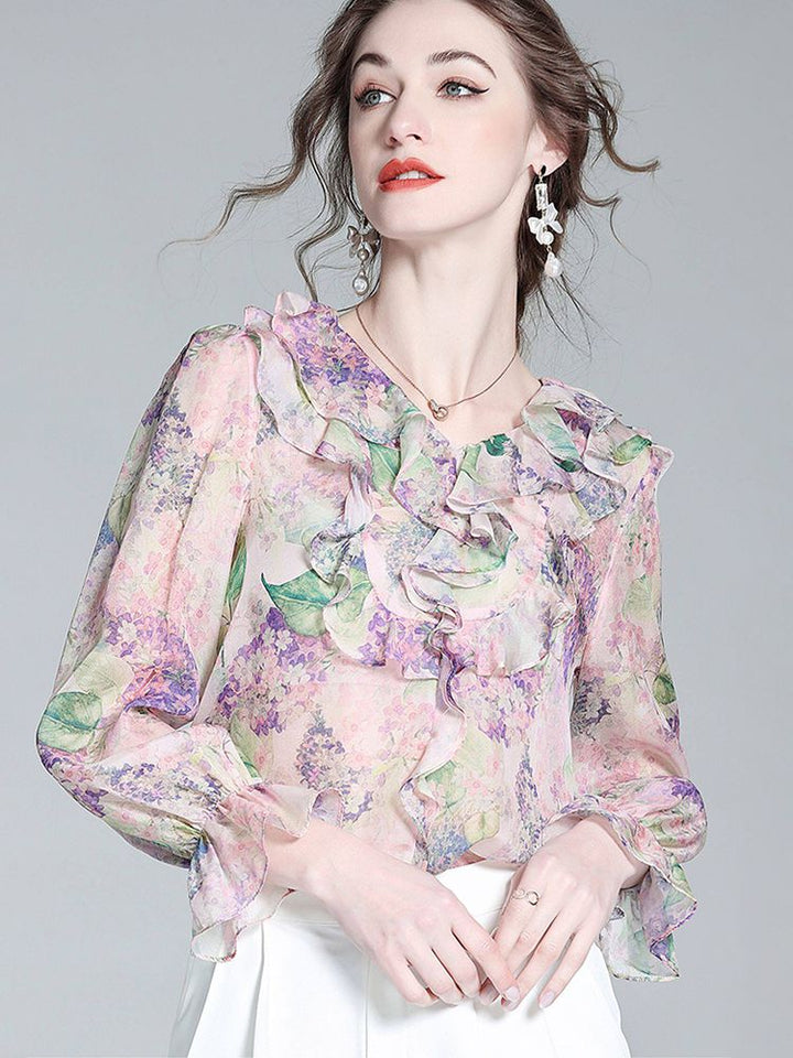 Pastel Lilac Ruffled V-Neck Long Sleeve Foral Silk Graden Blouse