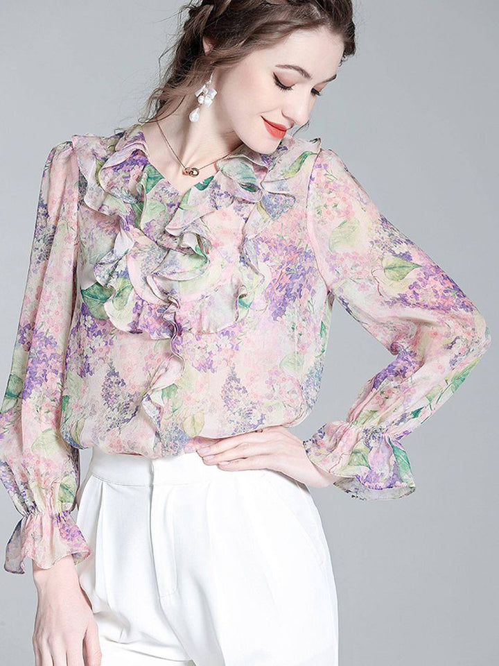 Pastel Lilac Ruffled V-Neck Long Sleeve Foral Silk Graden Blouse