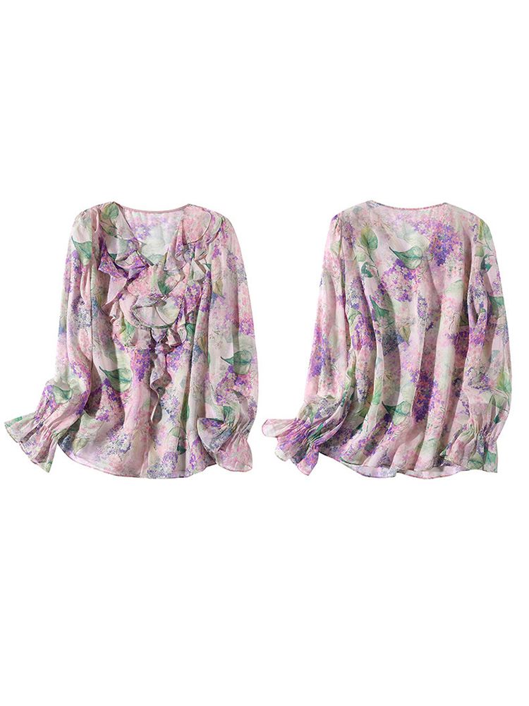 Pastel Lilac Ruffled V-Neck Long Sleeve Foral Silk Graden Blouse
