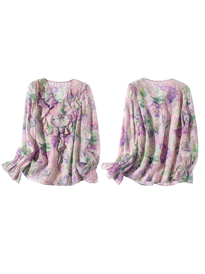 Pastel Lilac Ruffled V-Neck Long Sleeve Foral Silk Graden Blouse