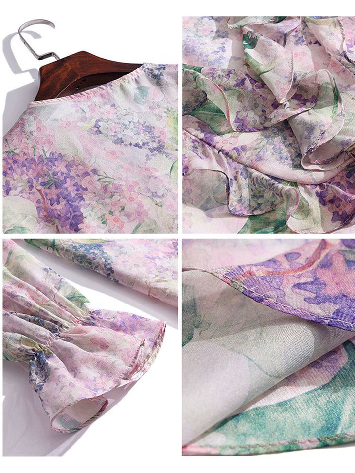 Pastel Lilac Ruffled V-Neck Long Sleeve Foral Silk Graden Blouse
