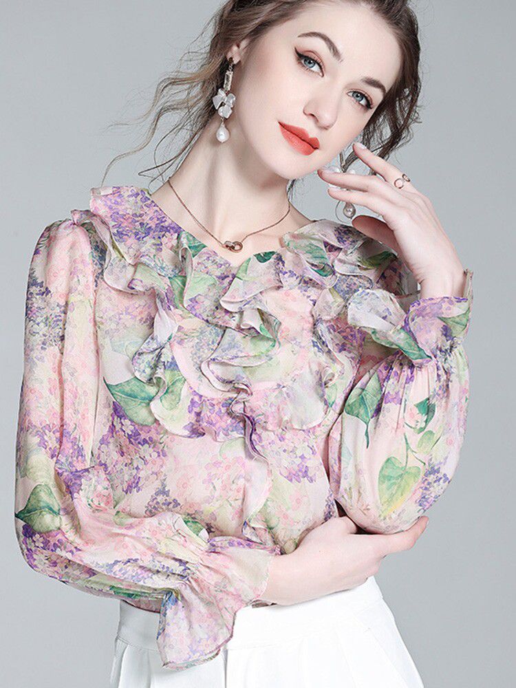 Pastel Lilac Ruffled V-Neck Long Sleeve Foral Silk Graden Blouse