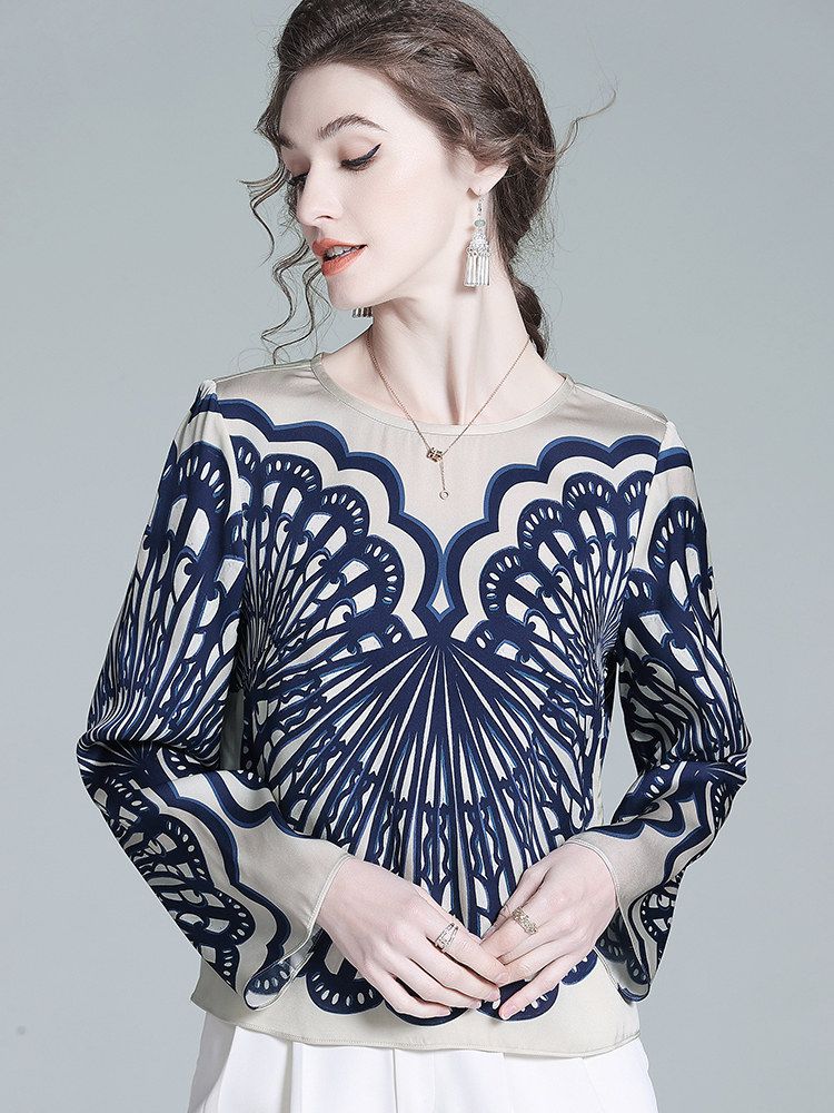 Elegant Navy Blue Symmetrical Printed Long Sleeve Crew Neck Silk Blouse