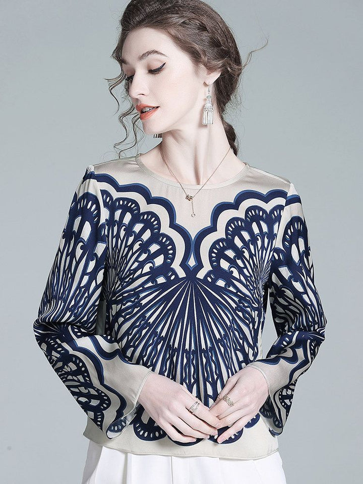 Elegant Navy Blue Symmetrical Printed Long Sleeve Crew Neck Silk Blouse