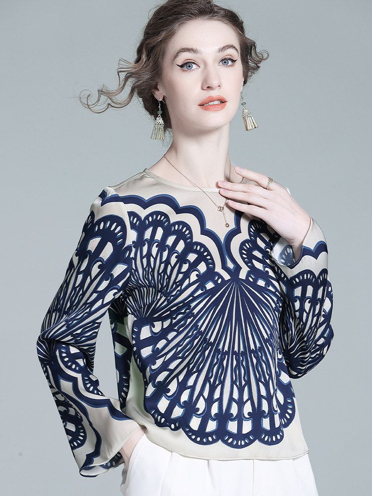 Elegant Navy Blue Symmetrical Printed Long Sleeve Crew Neck Silk Blouse