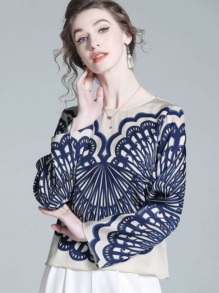Elegant Navy Blue Symmetrical Printed Long Sleeve Crew Neck Silk Blouse