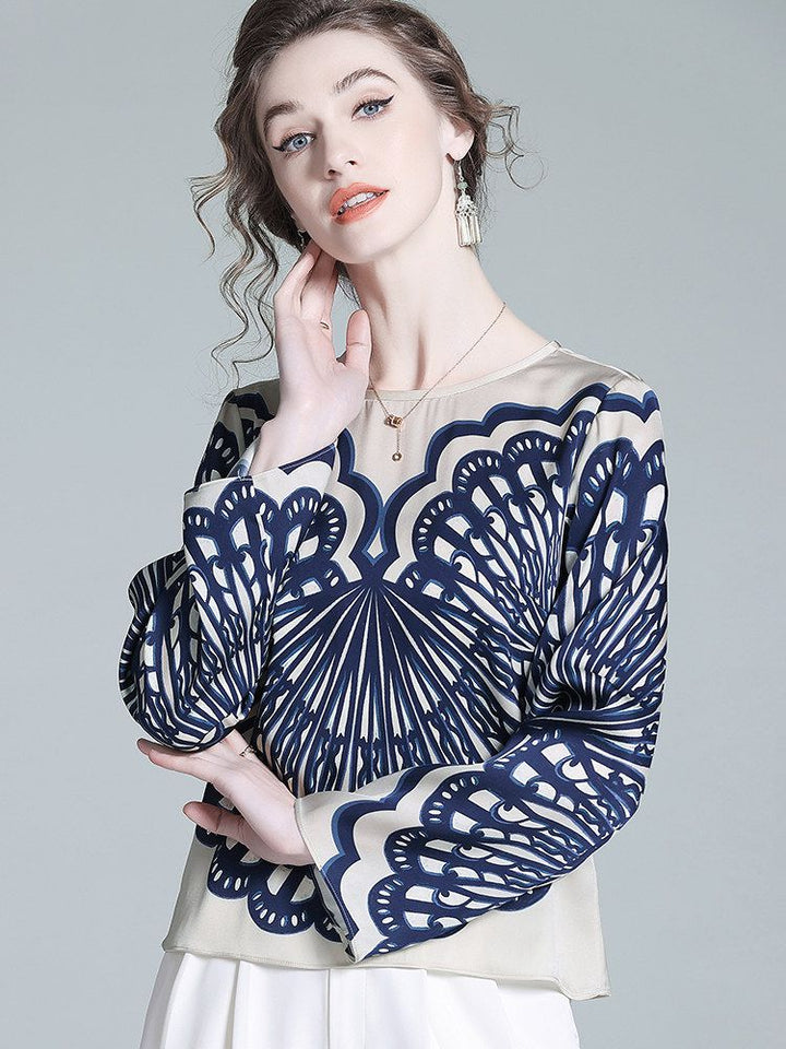 Elegant Navy Blue Symmetrical Printed Long Sleeve Crew Neck Silk Blouse