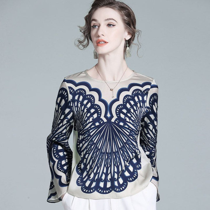 Elegant Navy Blue Symmetrical Printed Long Sleeve Crew Neck Silk Blouse