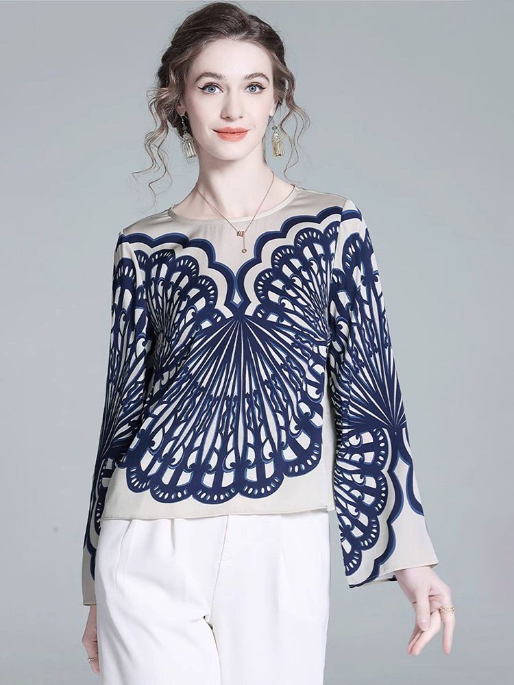 Elegant Navy Blue Symmetrical Printed Long Sleeve Crew Neck Silk Blouse