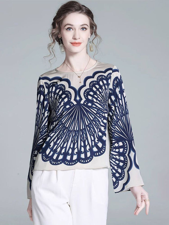 Elegant Navy Blue Symmetrical Printed Long Sleeve Crew Neck Silk Blouse