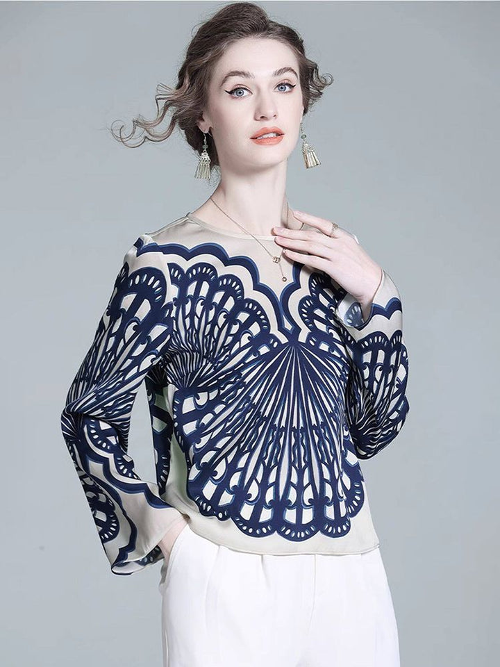 Elegant Navy Blue Symmetrical Printed Long Sleeve Crew Neck Silk Blouse