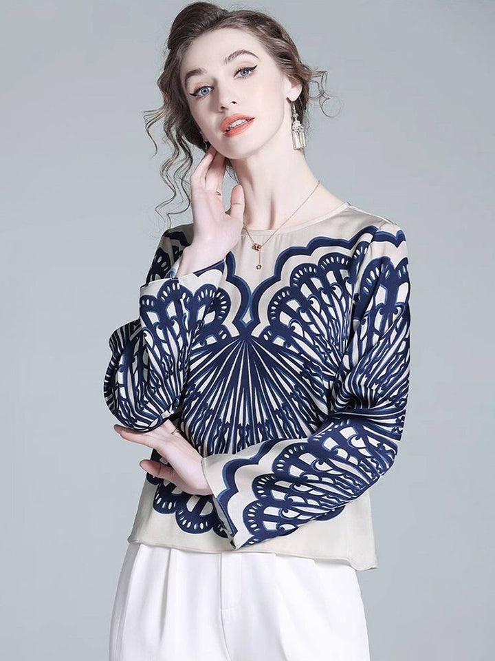 Elegant Navy Blue Symmetrical Printed Long Sleeve Crew Neck Silk Blouse