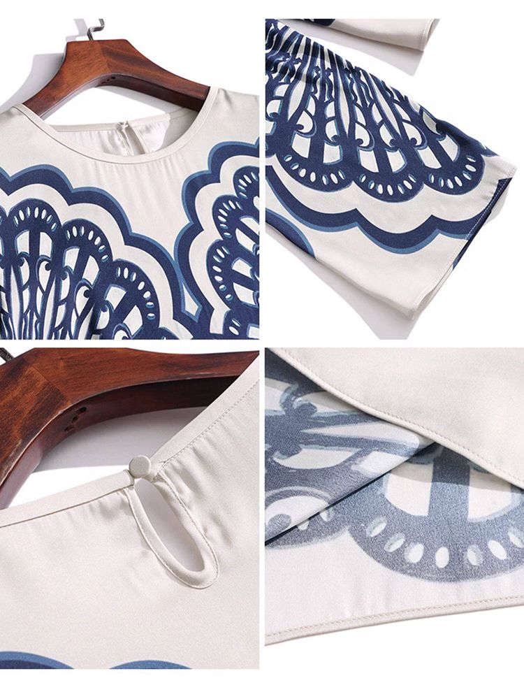 Elegant Navy Blue Symmetrical Printed Long Sleeve Crew Neck Silk Blouse
