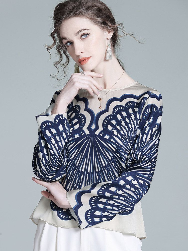 Elegant Navy Blue Symmetrical Printed Long Sleeve Crew Neck Silk Blouse