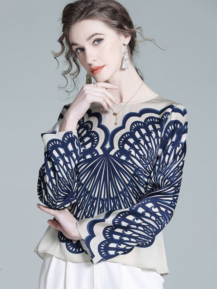 Elegant Navy Blue Symmetrical Printed Long Sleeve Crew Neck Silk Blouse