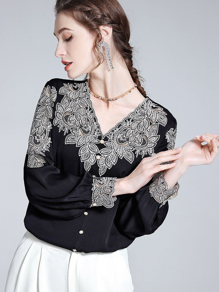 Delicate Embroidered V-Neck Long Sleeve Black Silk Blouse