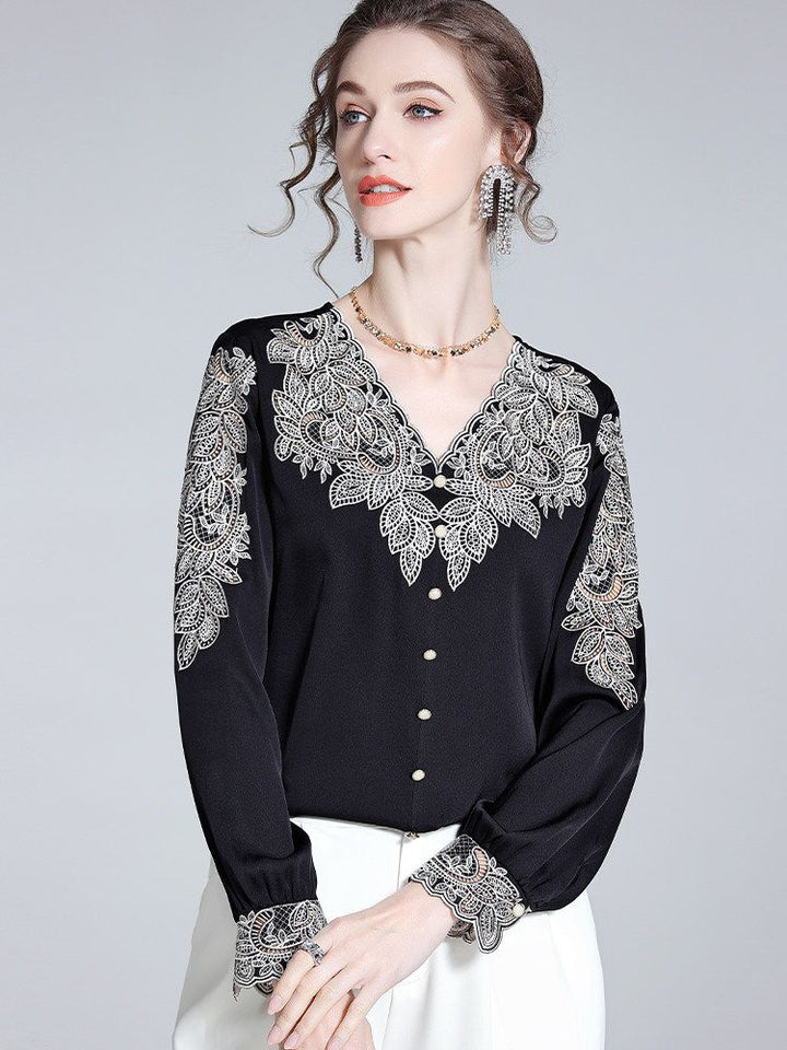 Delicate Embroidered V-Neck Long Sleeve Black Silk Blouse