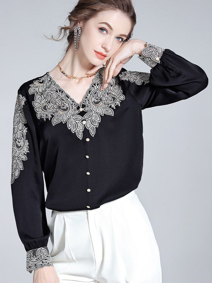 Delicate Embroidered V-Neck Long Sleeve Black Silk Blouse