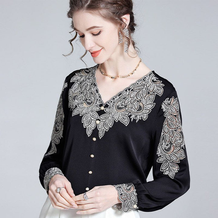 Delicate Embroidered V-Neck Long Sleeve Black Silk Blouse