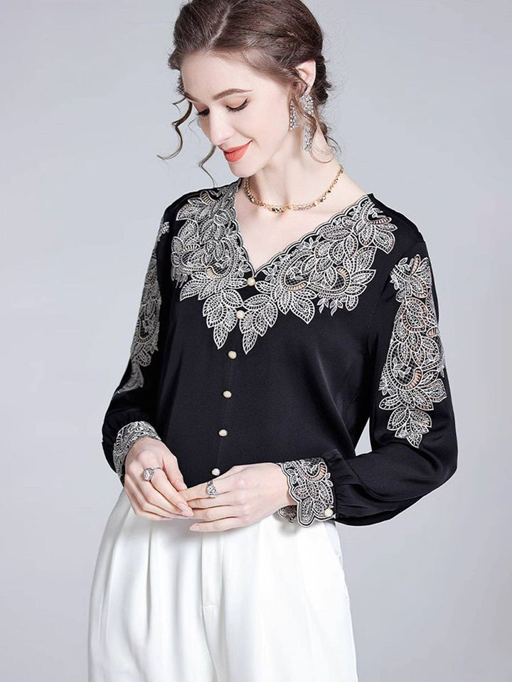 Delicate Embroidered V-Neck Long Sleeve Black Silk Blouse