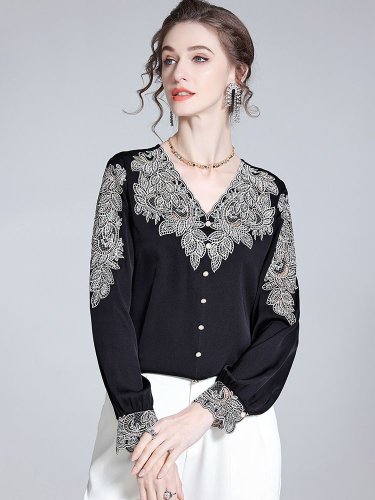 Delicate Embroidered V-Neck Long Sleeve Black Silk Blouse