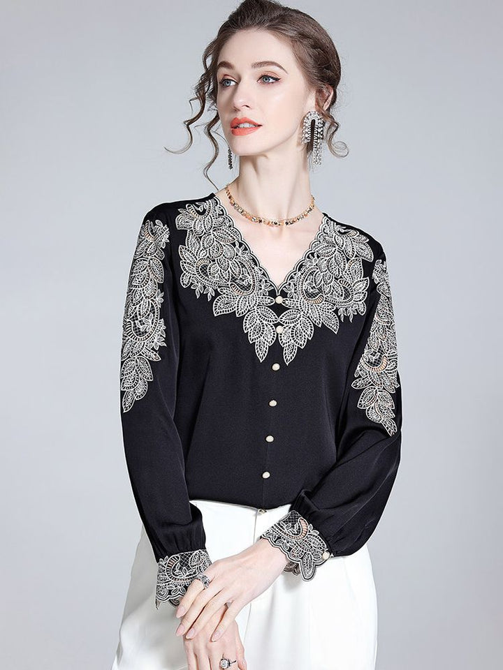 Delicate Embroidered V-Neck Long Sleeve Black Silk Blouse