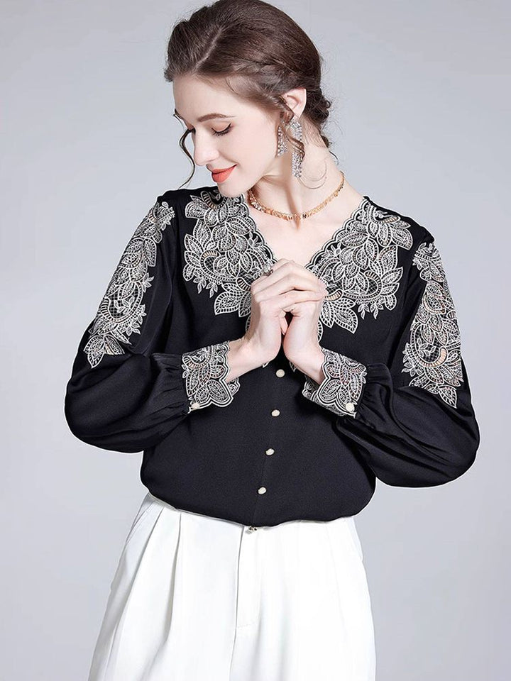 Delicate Embroidered V-Neck Long Sleeve Black Silk Blouse
