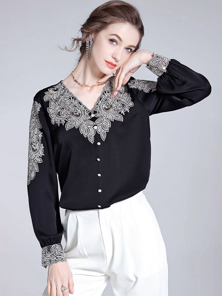 Delicate Embroidered V-Neck Long Sleeve Black Silk Blouse