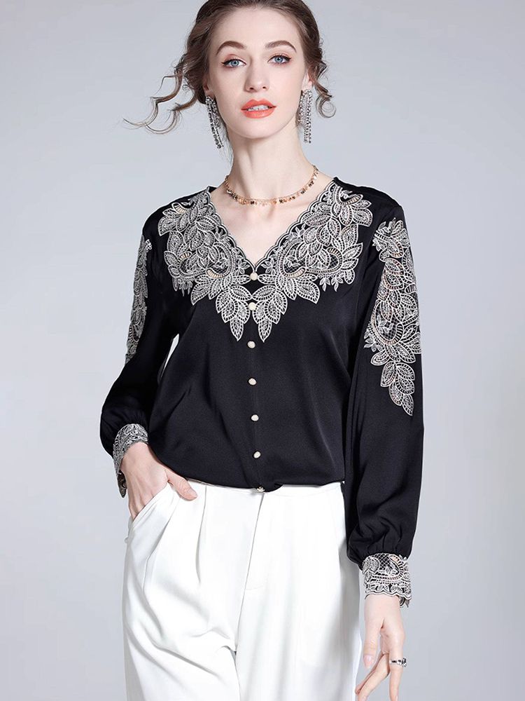 Delicate Embroidered V-Neck Long Sleeve Black Silk Blouse