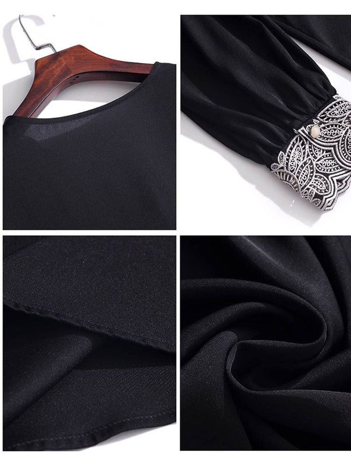 Delicate Embroidered V-Neck Long Sleeve Black Silk Blouse