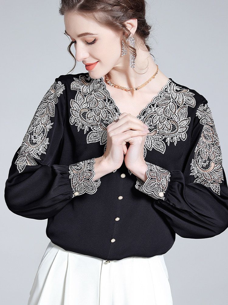 Delicate Embroidered V-Neck Long Sleeve Black Silk Blouse
