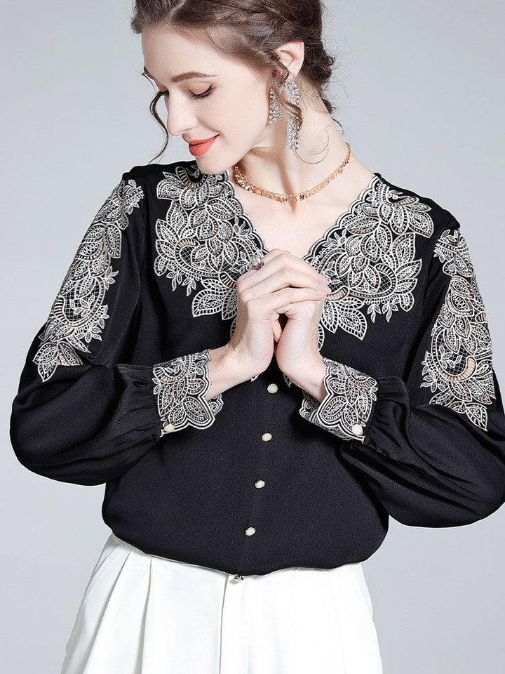 Delicate Embroidered V-Neck Long Sleeve Black Silk Blouse