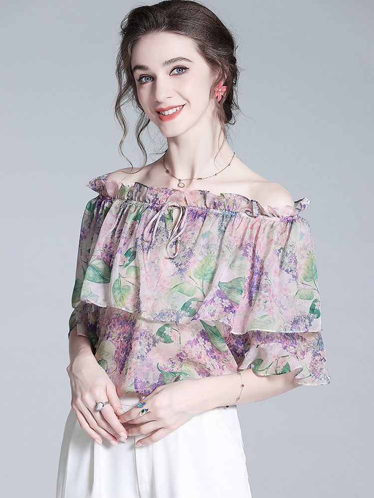 Off-the-Shoulder Lavender Silk Garden Blouse with Ruffles