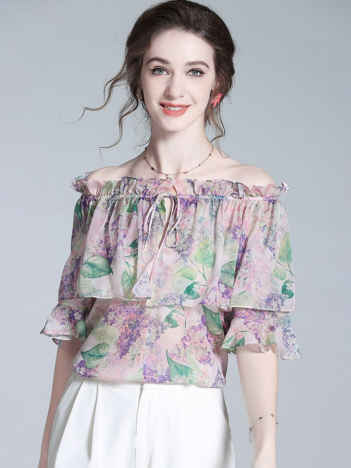 Off-the-Shoulder Lavender Silk Garden Blouse with Ruffles