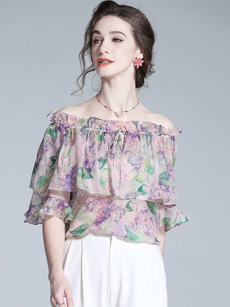Off-the-Shoulder Lavender Silk Garden Blouse with Ruffles