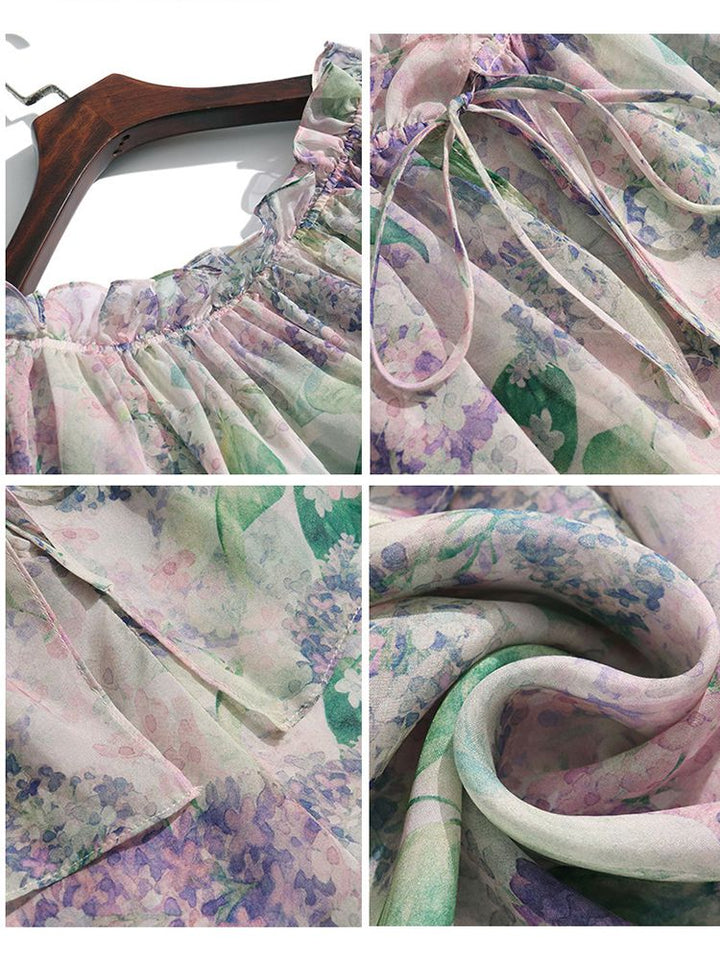 Off-the-Shoulder Lavender Silk Garden Blouse with Ruffles