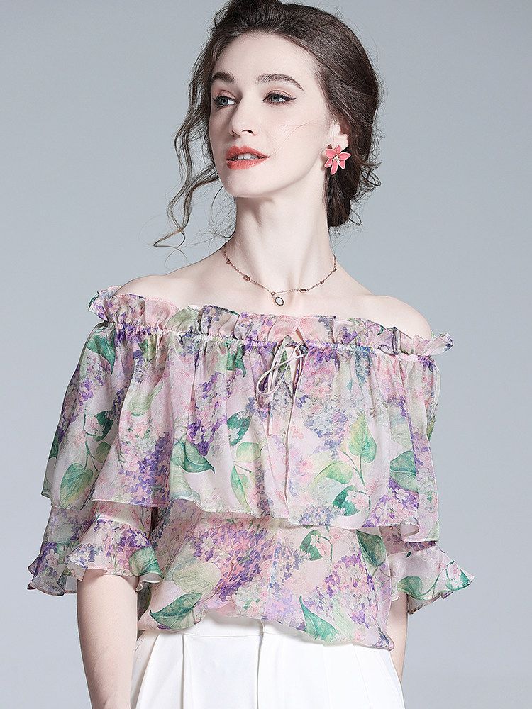Off-the-Shoulder Lavender Silk Garden Blouse with Ruffles
