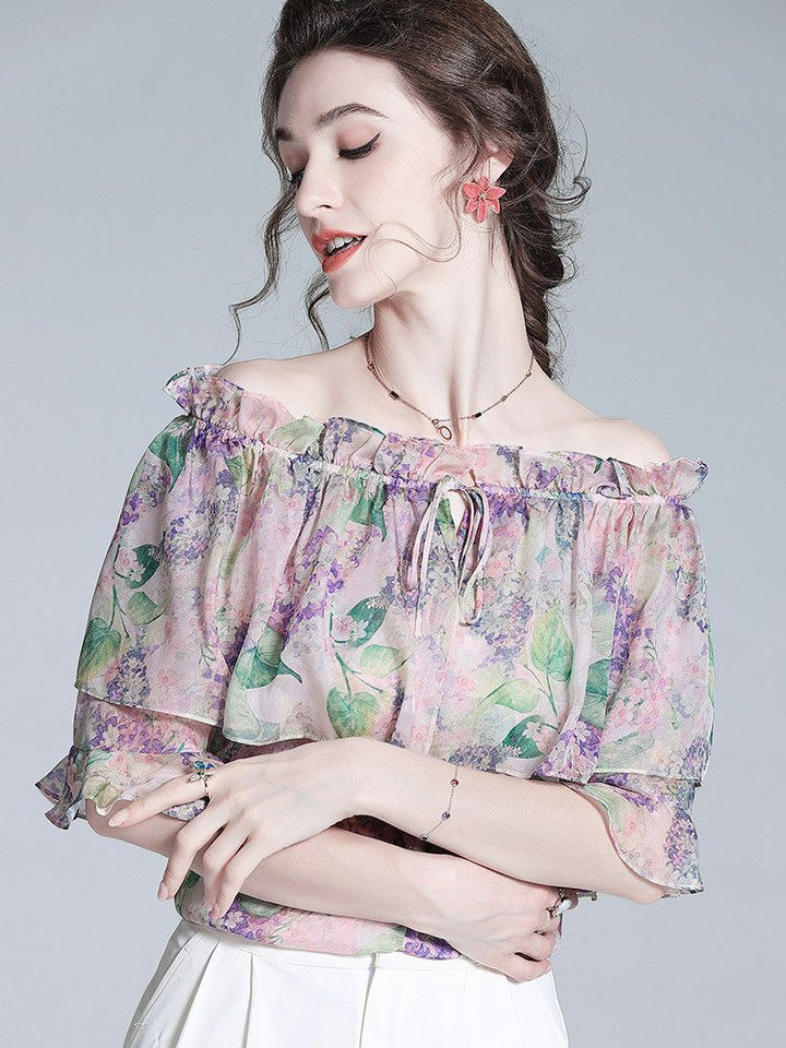 Off-the-Shoulder Lavender Silk Garden Blouse with Ruffles