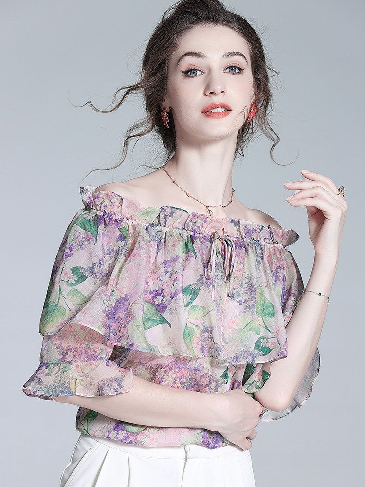 Off-the-Shoulder Lavender Silk Garden Blouse with Ruffles