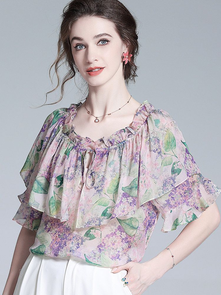 Off-the-Shoulder Lavender Silk Garden Blouse with Ruffles