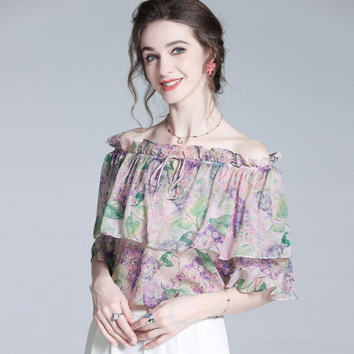 Off-the-Shoulder Lavender Silk Garden Blouse with Ruffles