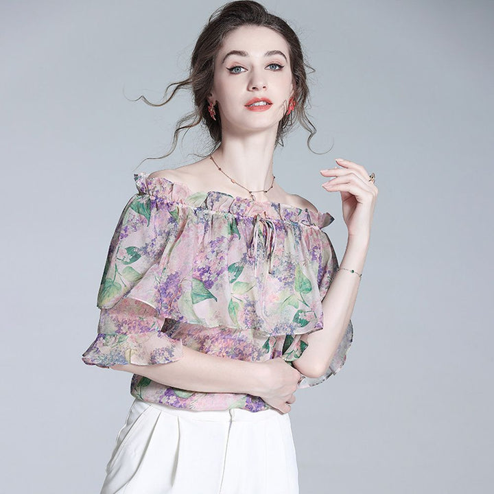 Off-the-Shoulder Lavender Silk Garden Blouse with Ruffles