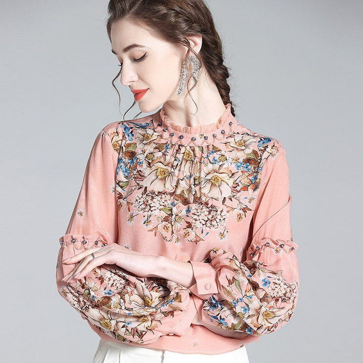 Vintage Blush Rose Floral High-Neck Beaded Lantern Sleeve Silk Blouse